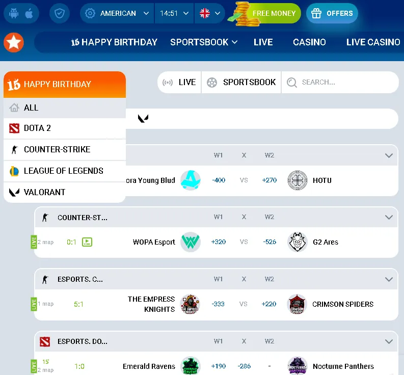 E-sport fogadási kínálat a Mostbet oldalán