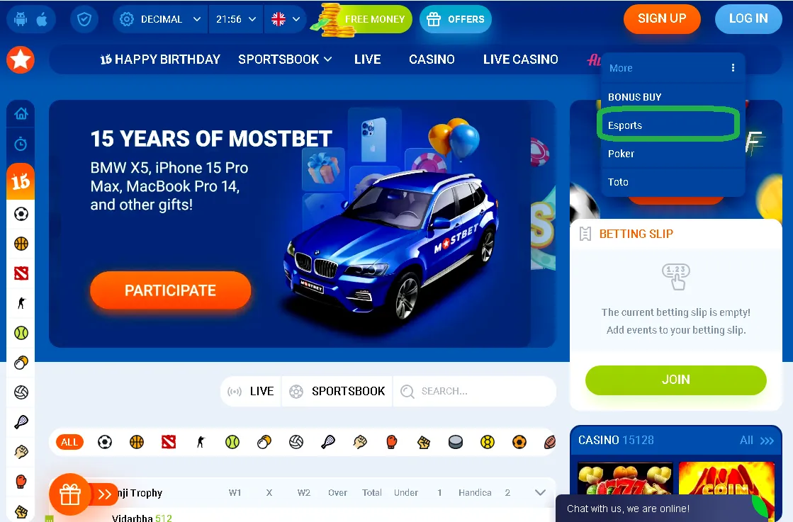 E-sport szekció a Mostbet weboldalán