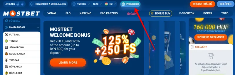 Promókódok szekciója a Mostbet weboldalán